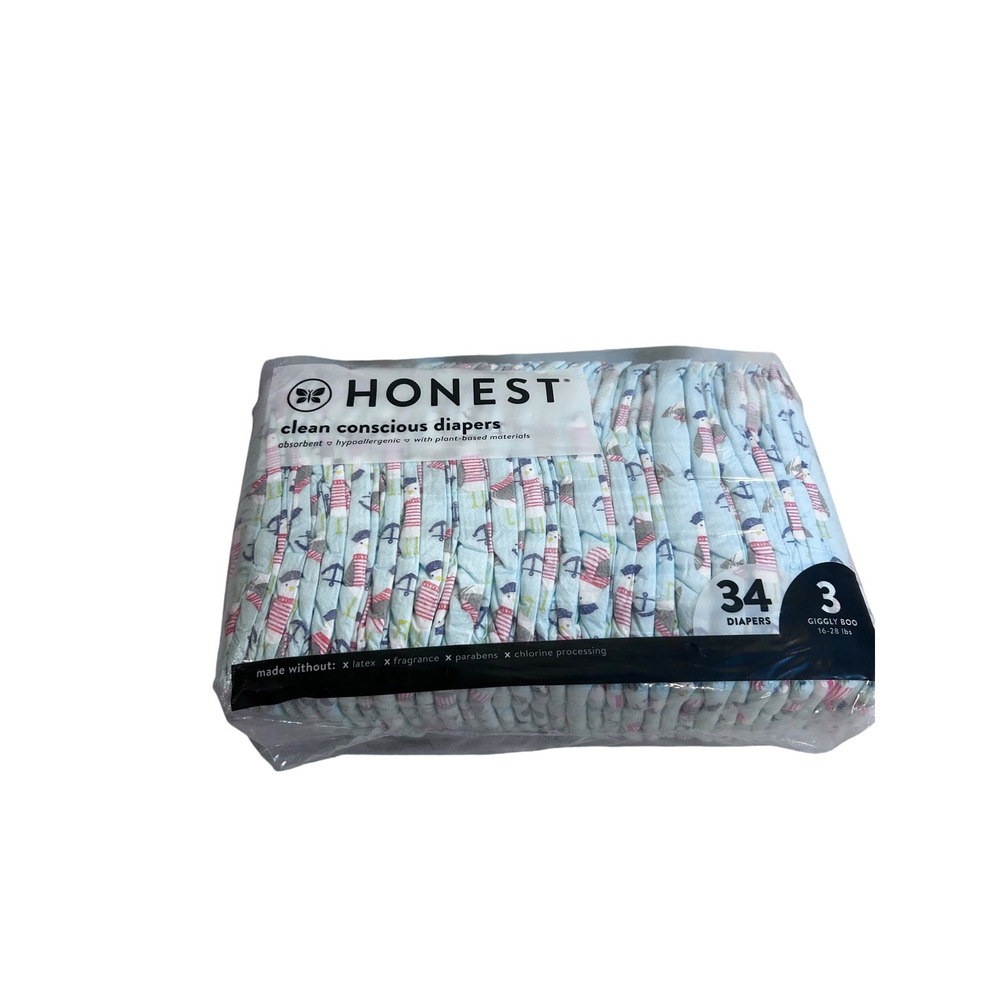 Honest Clean Conscious Diapers Size 3 Blue Giggly Boo Nautical 34ct Unisex Baby